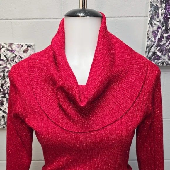 Byer California Vibrant Shimmery Red Cowl Neck Sweater - Picture 2 of 9